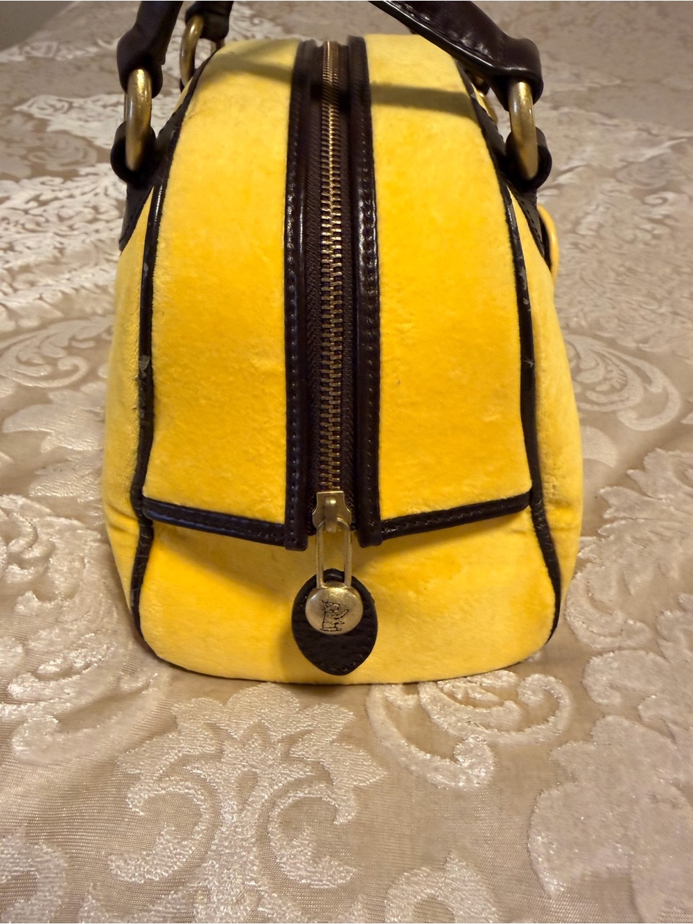 Juicy Couture Yellow Velvet Dome Satchel with Dark Brown Trim and Heart Charm - Picture 4 of 10